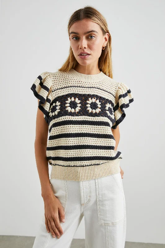 Fashionable Casual Tops PENELOPE TOP - OAT NAVY CROCHET STRIPE