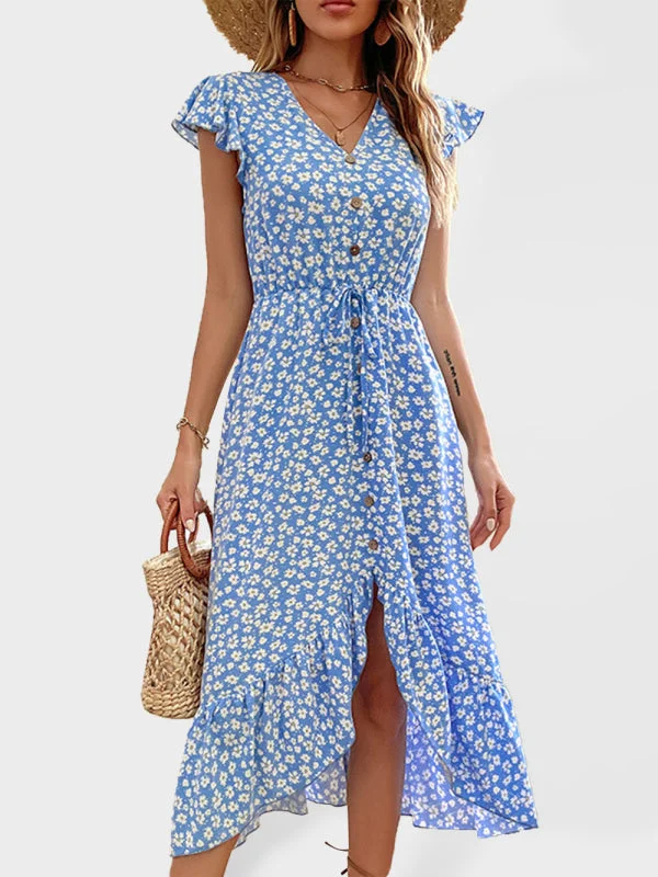 Women's Outfit BerryBetty - Women's Floral Print Flutter Sleeve V-neck Midi Dress