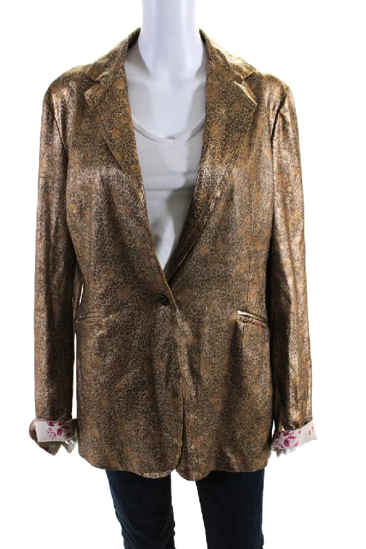 Women's Vacation Outfit Imp Of The Roses Womens Grace Metallic Leopard Print Leather Jacket Gold Medium