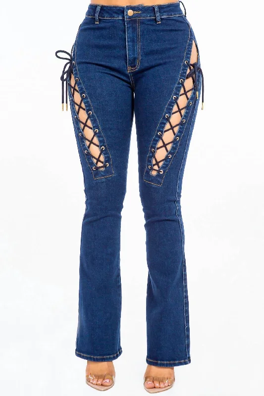 Women's Clothing for Every Occasion Chic Lace Up High Rise Denim In Dark Blue