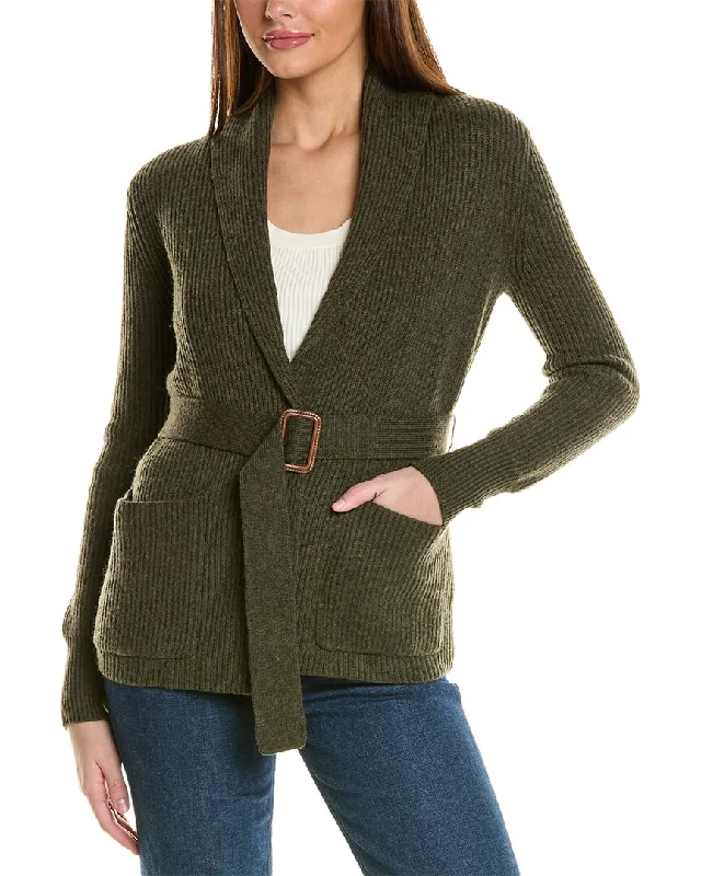 Fashionable Women's Clothes Bruno Magli Ribbed Belted Shawl Wool Cardigan