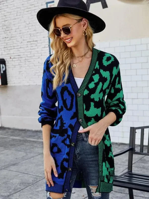 Winter Wardrobe Clearance Mid-Length Leopard Knitted Cardigan Sweater