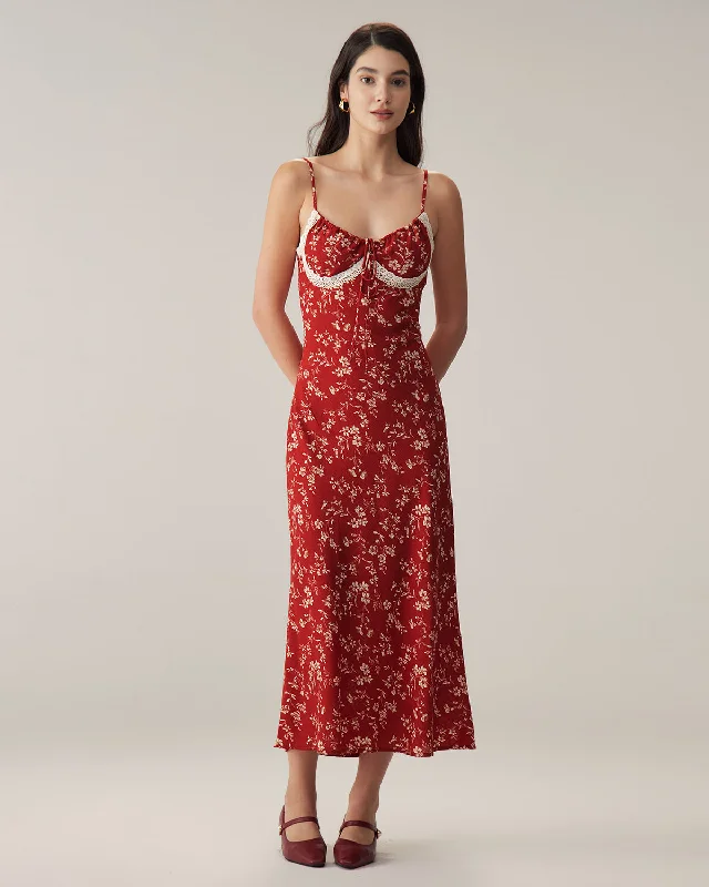 Fashionable Women's Clothing Red Floral Ruched Slip Midi Dress