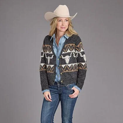 Contemporary Women's Clothing Stetson Women's Vintage Steer Head Cardigan in Charcoal