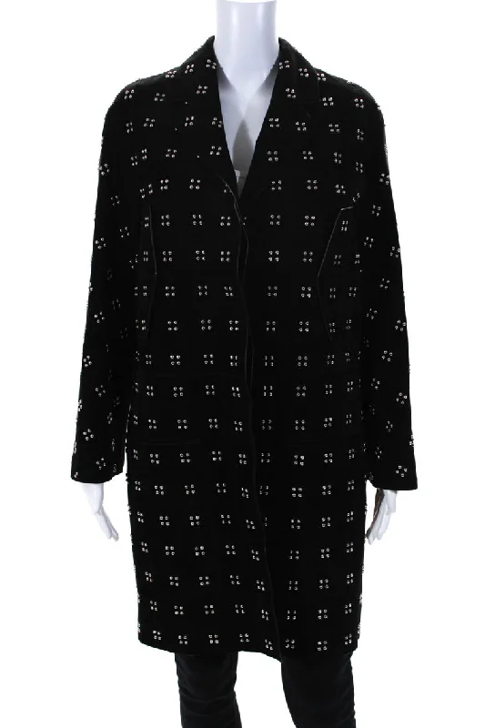 Affordable Fashion for Women Hermes Womens Button Front Four Square Studded Suede Coat Black