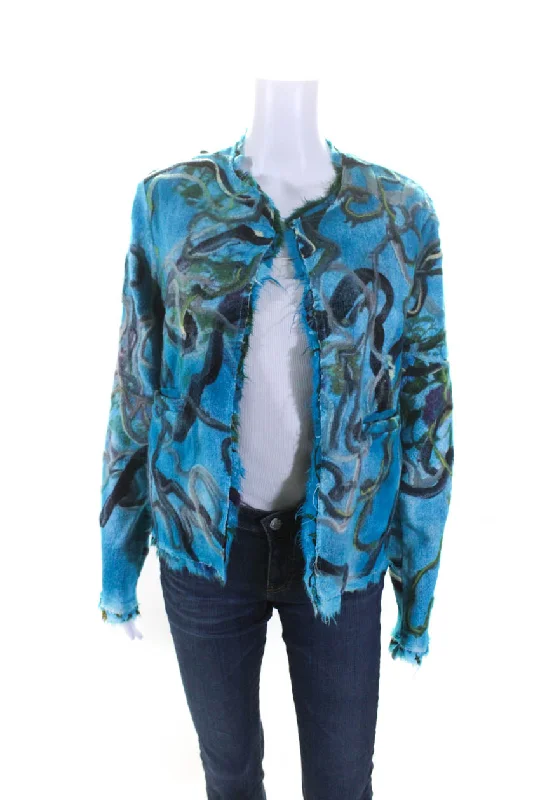 Women's Transitional Outfit Avant Toi Womens Blue Printed Linen Open Front Long Sleeve Jacket