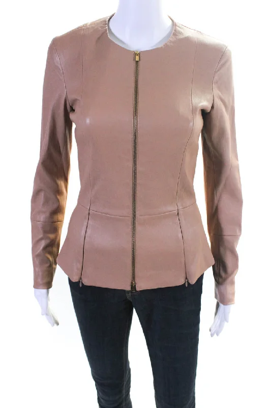 Women's Effortless Casual Outfit The Row Womens Front Zip Long Sleeve Crew Neck Leather Jacket Brown