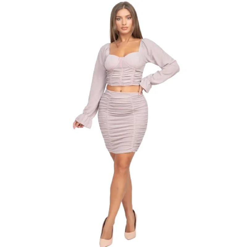 Comfortable Women's Apparel Sparkling Long Sleeves Ruching Back & Skirts Set