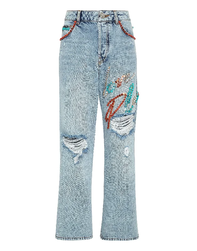 Modern Women's Apparel Denim Trousers Super Loose Fit Studs with Crystals