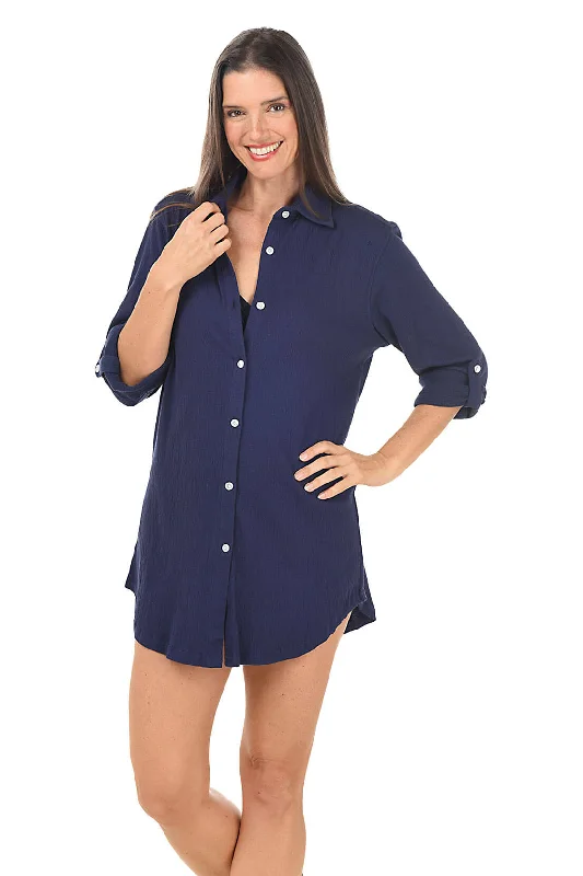 Women's Vintage-Inspired Outfit Crinkle Button-Front Shirt Cover-Up