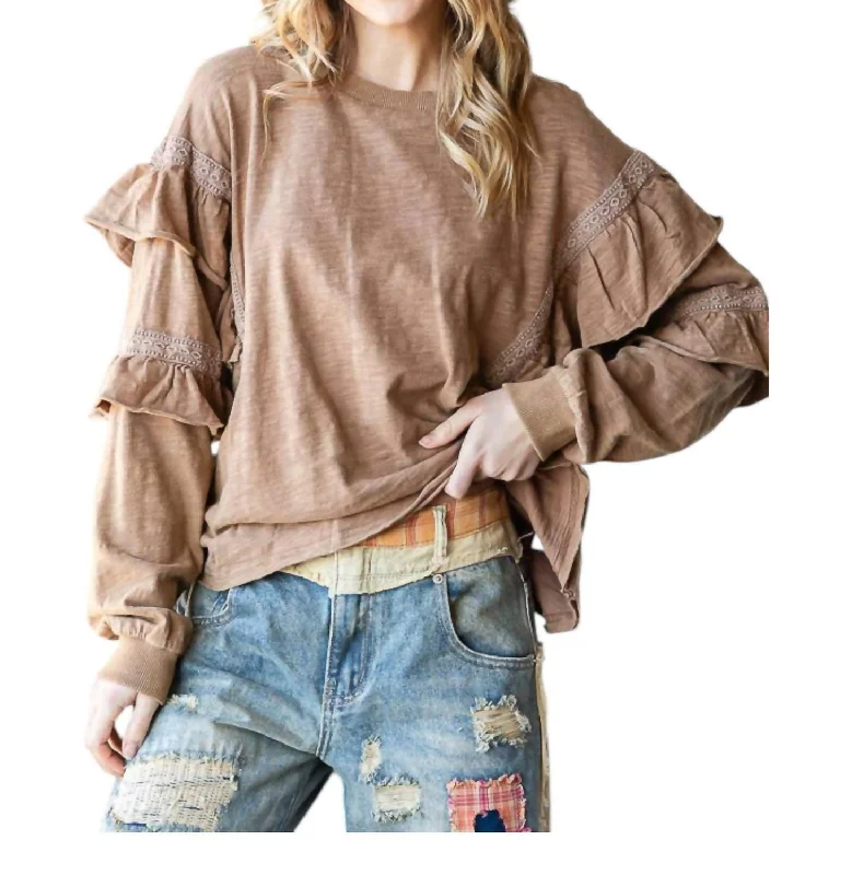 Women's Formal Clothes Cozy Ruffles Sweatshirt In Mocha Brown