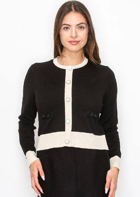 Women's Relaxed Clothes Two-Tone Cardigan with Pearl Buttons