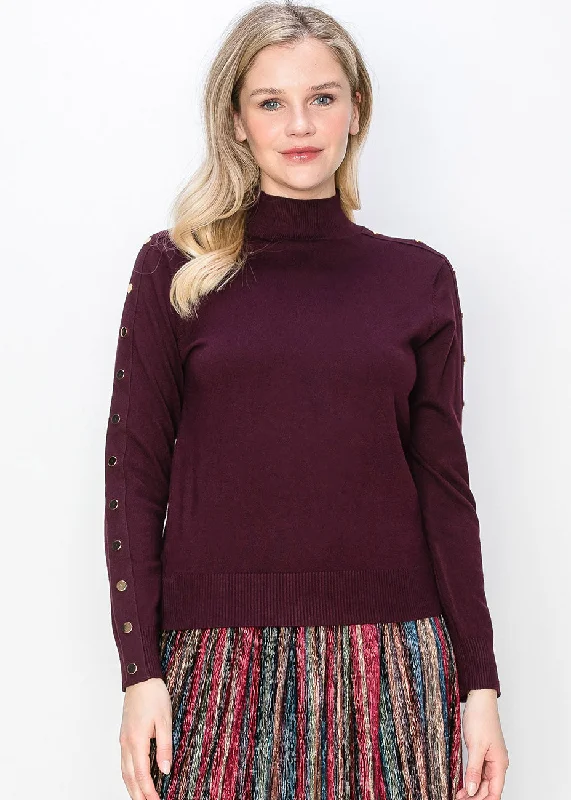 Women's Clothes For The Office Burgundy Mock Neck Sweater with Buttoned Sleeves