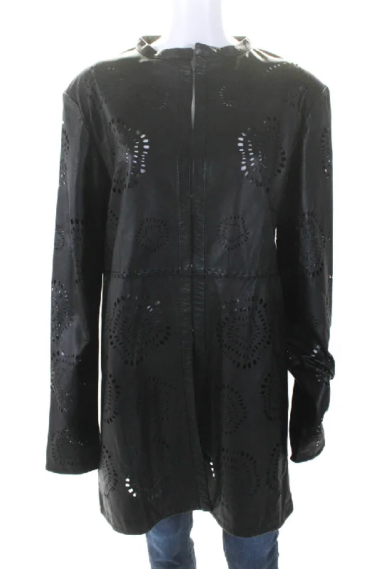 Versatile Women's Clothing for All Occasions In Transit Womens Laser Cut Long Hook & Eye Leather Jacket Black