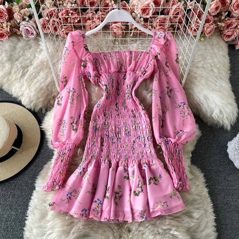 Chic Clothes For Women Slim Chiffon pleated floral Ruffle long sleeved dress for women  2727