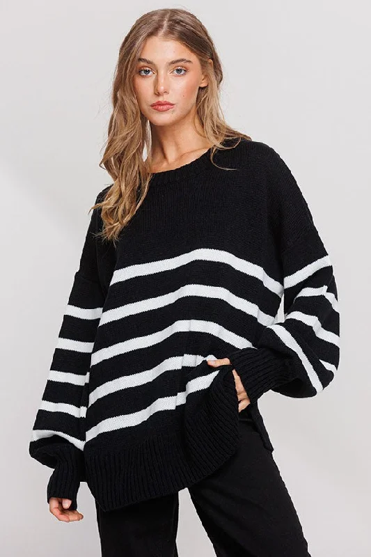 Women's High-End Clothing Black Striped Oversized Side Slit Sweater