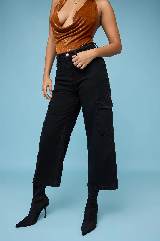 Women's Urban Clothing Black Wide Leg Cargo Jeans