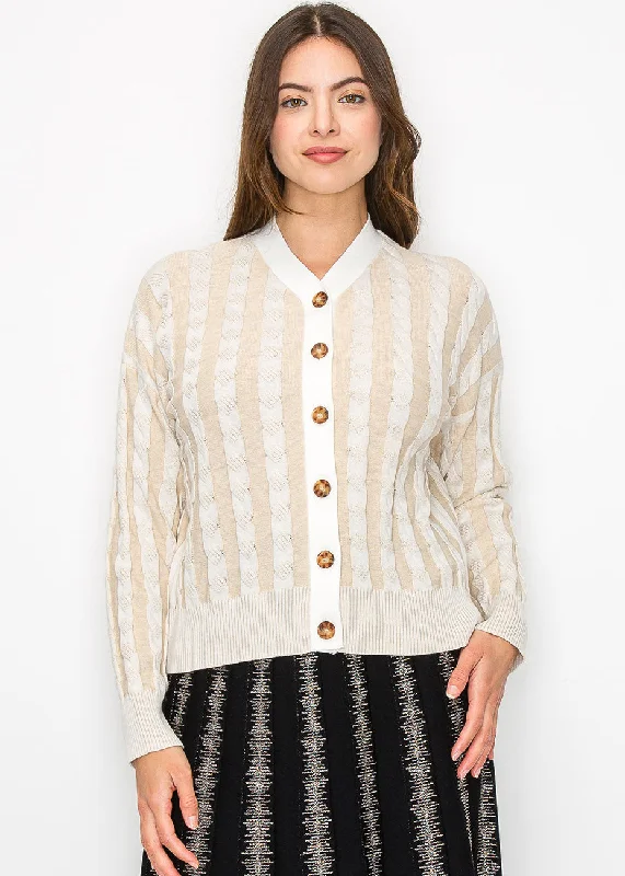 Casual Clothing For Women Beige Cable Knit Stripe Cardigan