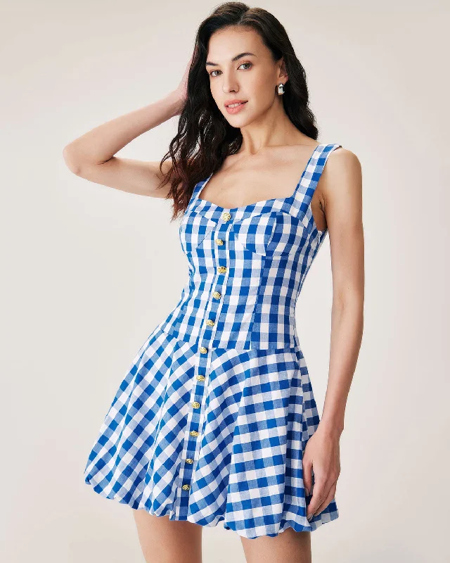 Affordable Women's Clothing Blue Plaid Slip Mini Dress