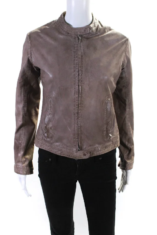 Affordable Women's Clothing Online Bully Womens Long Sleeve Front Zip Crew Neck Leather Jacket Brown