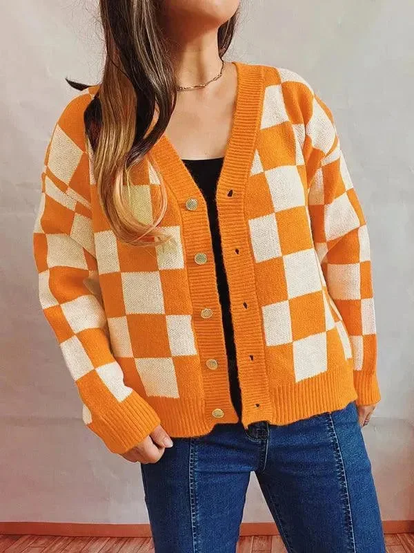 Women Wear Online Checkerboard Contrast Women Cardigan Sweater