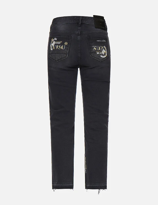 VIP Member Discount Slashed Kamon and Logo Embroidered Cropped Straight Fit Jeans