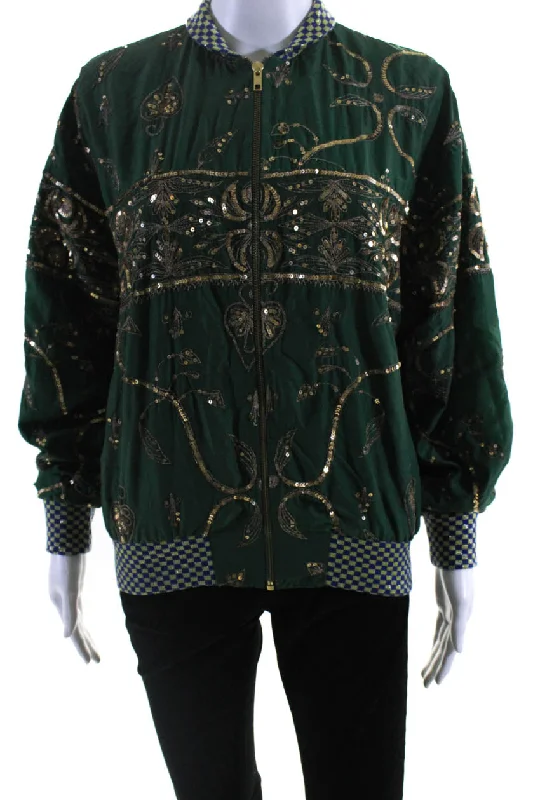 Chic Women's Outfit Ashish Womens Salvaged Sari Metallic Embroidered Bomber Jacket Green