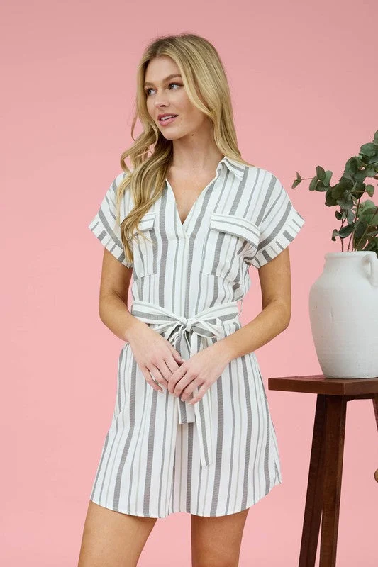 Chic Women's Garments SARIAH STRIPE COLLARED SHORT SLEEVE BELTED SHIRT DRESS