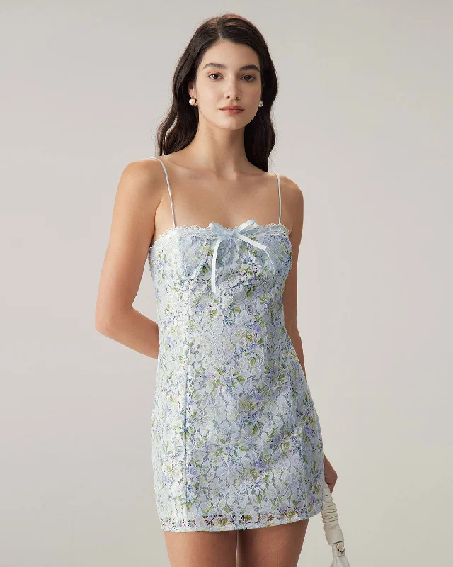 Women's Holiday Clothing Blue Floral Lace Slip Mini Dress