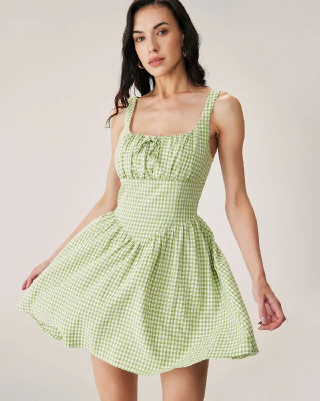 Women's Sporty Chic Clothes Green Plaid Ruched Slip Mini Dress