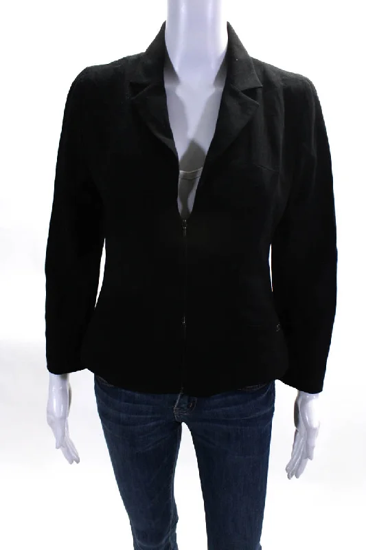 Workwear Fashion for Women Chanel Womens Notched Lapel Long Sleeve Front Zip Short Jacket Black