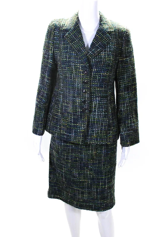 Flash Discount Feraud Womens Five Button Notched Lapel Tweed Skirt Suit Green