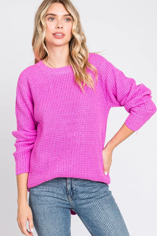 Women's Casual Wear Clothing Pink Waffle Knit Round Hem Sweater