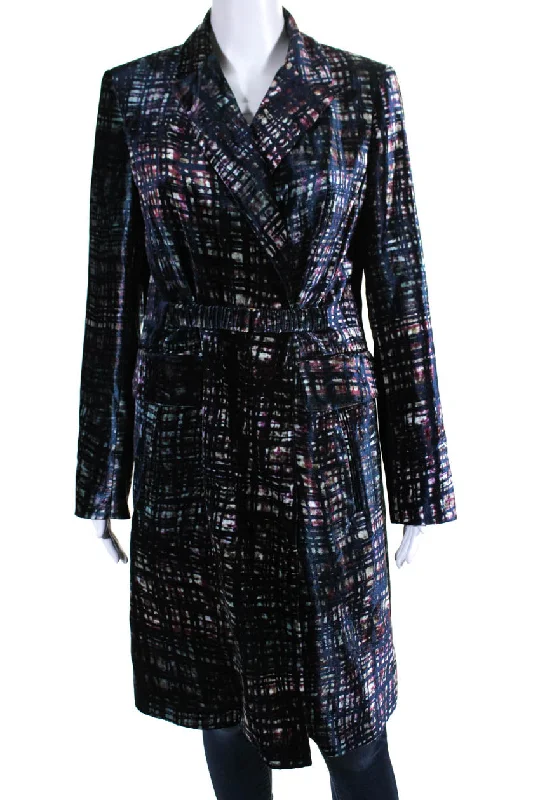 Women's Evening Wear CIVIDINI Womens Hook Front Abstract Printed Velvet Coat Navy Blue