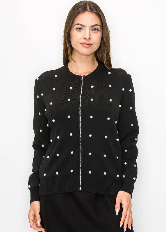 Women's Occasion Wear Clothes Pearl Embellished Black Knit Jacket