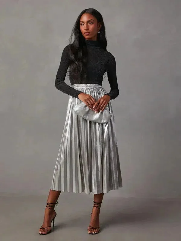 Women's Outerwear Apparel Shiny Pleated High-waisted A-line Plisse Skirt