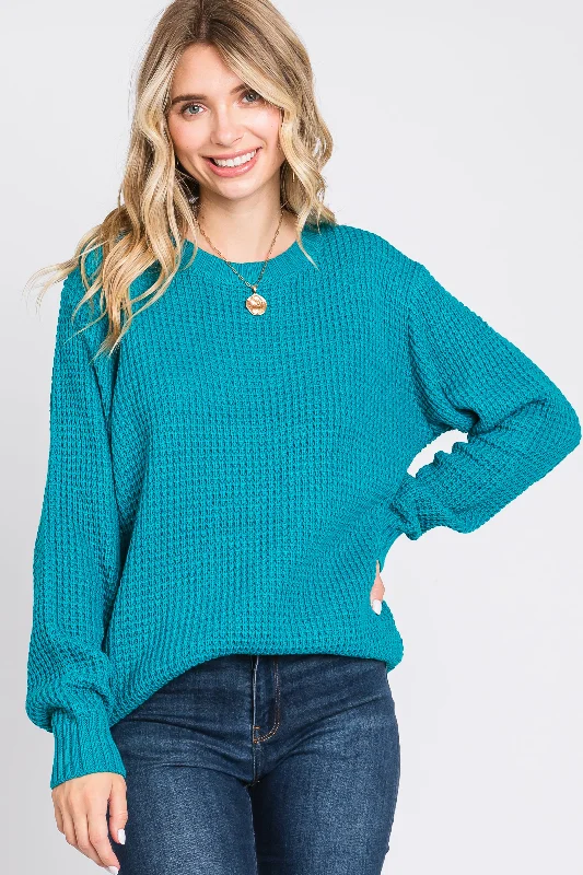 High-Fashion Women's Clothing Teal Waffle Knit Round Hem Sweater