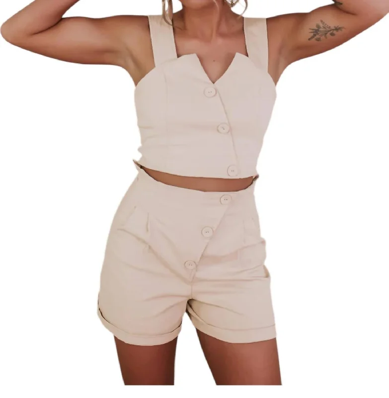 Women's Holiday Clothing Button Down Short And Cropped Top Set In Cream