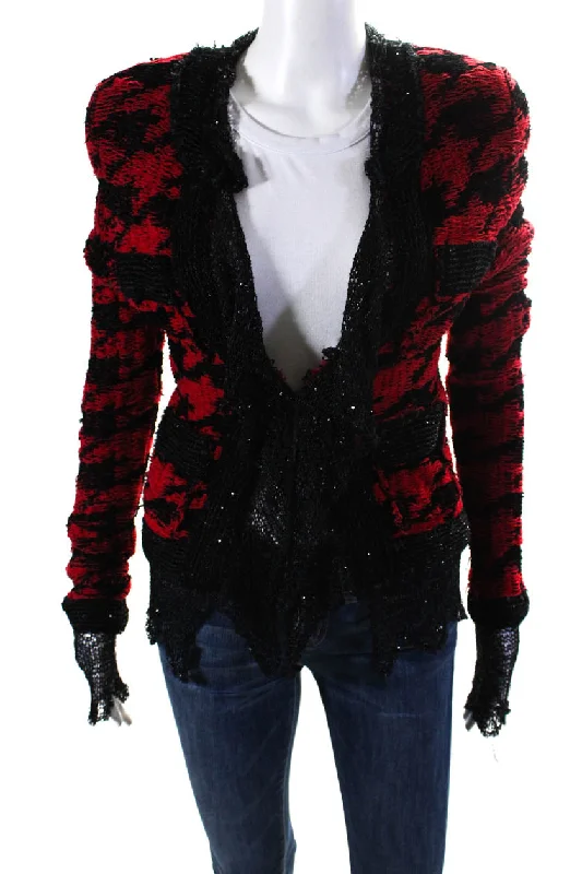 Women's High Street Fashion Balmain Women's Open Front Long Sleeves Sequin Pockets Jacket Red Black