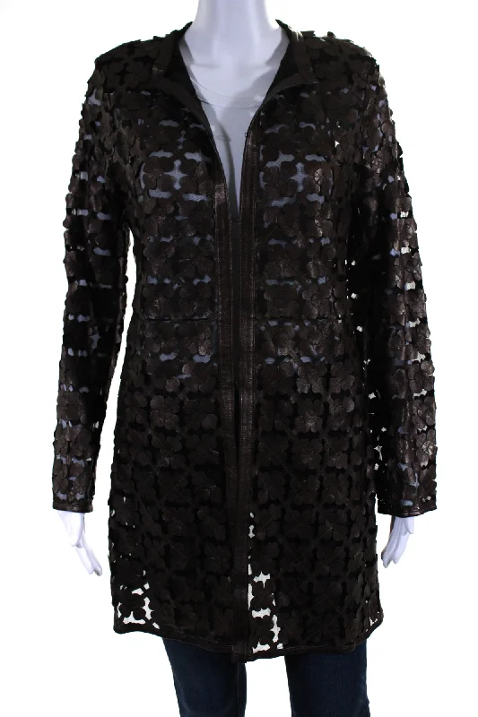 Classic Women's Clothing Styles In Transit Womens Laser Cut Metallic Mesh Leather Jacket Dark Brown Black XL