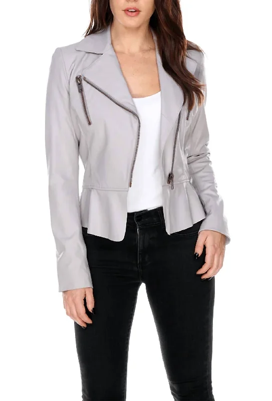 Elegant Women's Clothing Leather Perfecto With Ruffle Jacket In Mastic