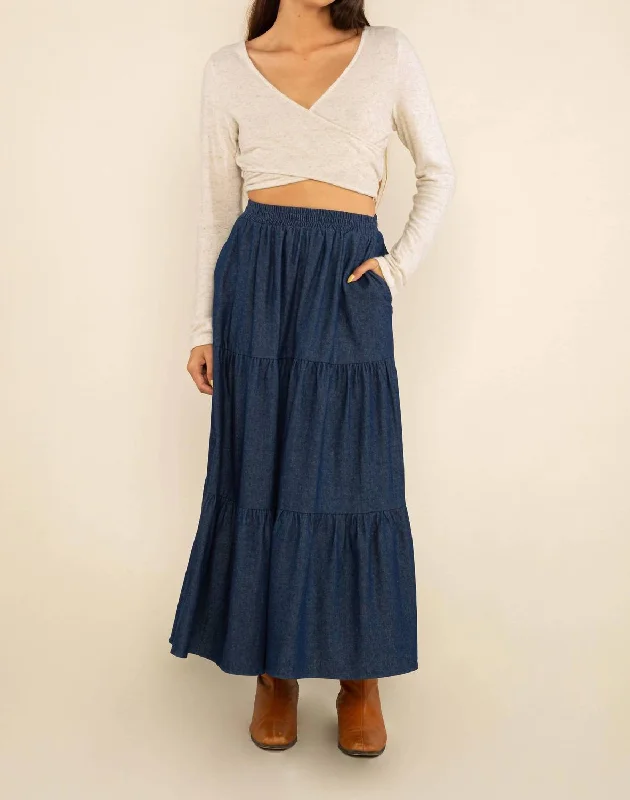 Casual Clothing For Women Tiered Cotton Skirt In Dark Wash