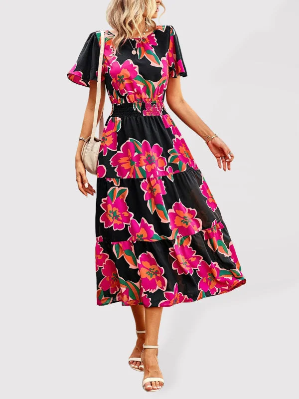 Stylish Dresses for Women BerryBetty - Women's Floral Dress  Summer Temperament Elegant Waist Short Sleeve Long Dress