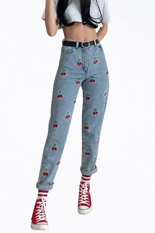 Affordable Women's Attire High-Rise Cherry-Embroidered Tapered Jeans In Light Blue