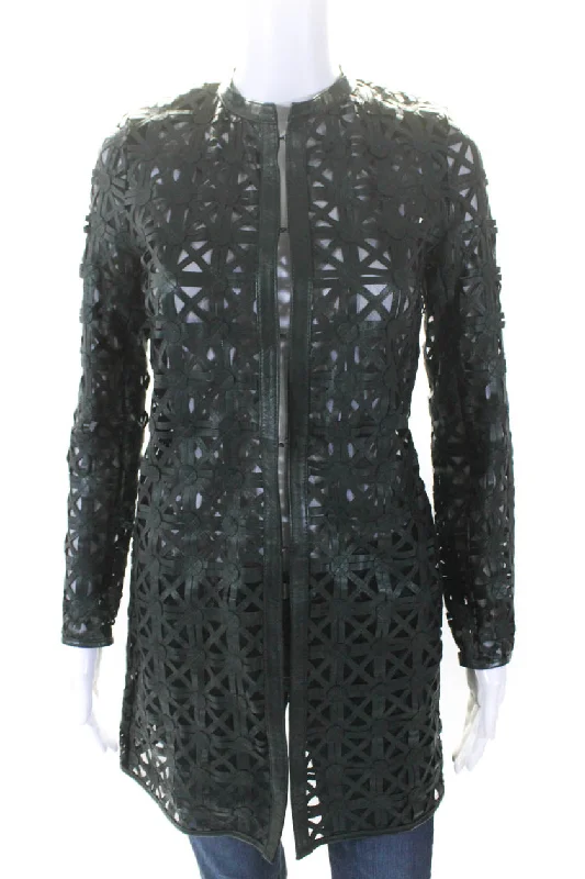 Women's Evening Wear In Transit Womens Metallic Leather Mesh Hook & Eye Jacket Dark Green