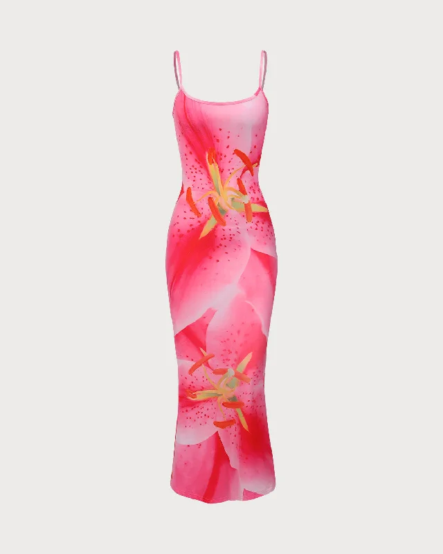 Women's Active Clothing Pink Floral U Neck Bodycon Maxi Dress