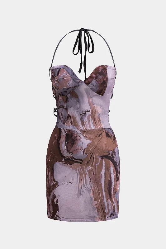 Luxury Women's Clothes Tie Dye Backless Strappy Bustier Mini Dress