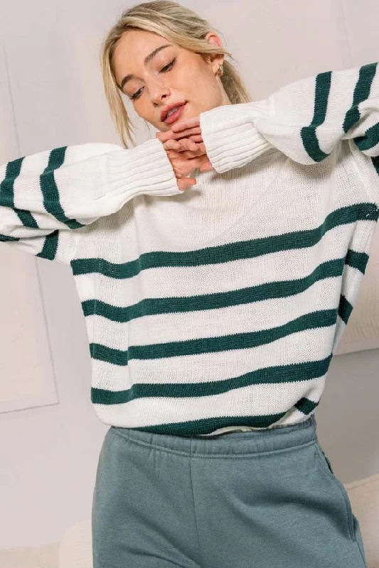 Women's Tops And Clothing Forest Green Striped Oversized Side Slit Sweater