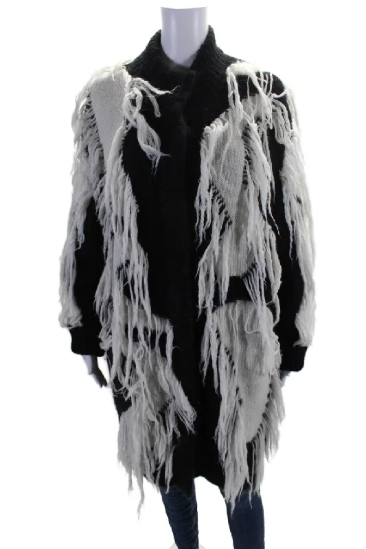 Trendy Women's Fashion Salvatore Ferragamo Womens Black White Fringe Textured Long Sleeve Jacket