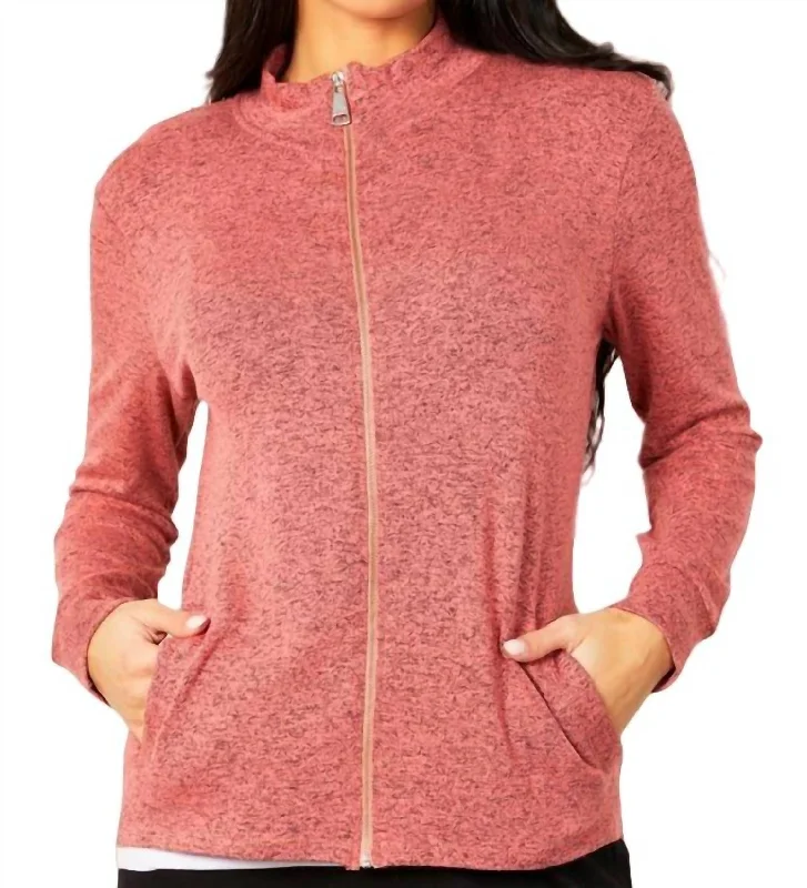 Chic Women's Clothing Melange Zip Jacket In Coral